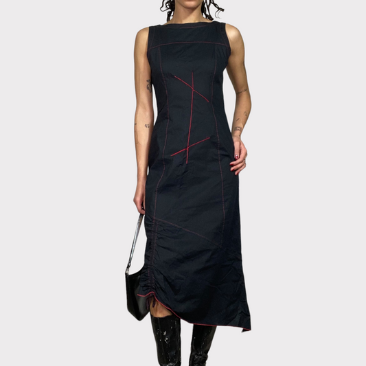 Vintage 90's Cyber Black Midi Dress with Red Contrast Stitching (S)