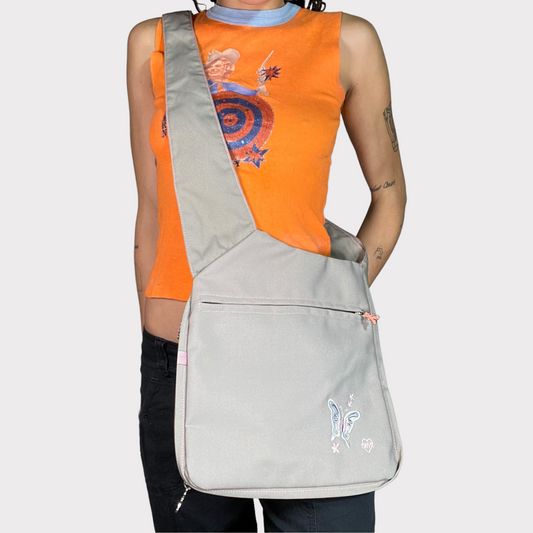 Vintage 2000's Techwear Light Grey Messenger Bag with Butterfly Detail