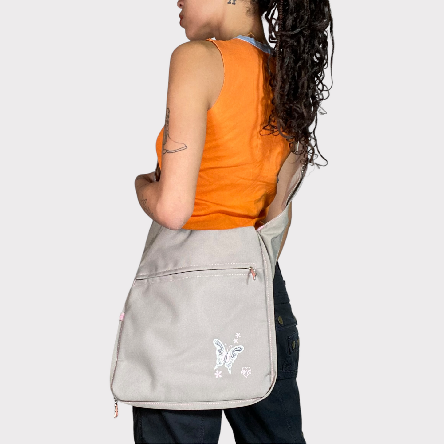 Vintage 2000's Techwear Light Grey Messenger Bag with Butterfly Detail