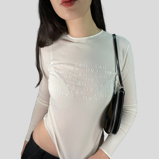 Vintage 2000's Downtown Girl White Mesh Longsleeve with C&G Print (S)