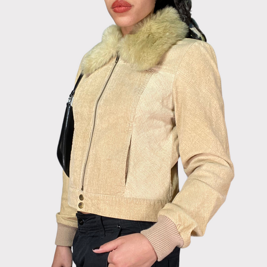 Vintage 90's Gilmore Girls Beige Cord Jacket with Faux Fur Collar (S)