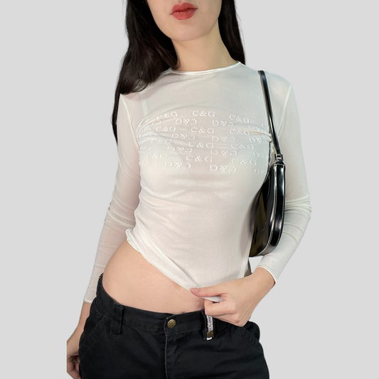 Vintage 2000's Downtown Girl White Mesh Longsleeve with C&G Print (S)