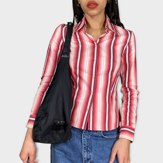 Vintage 90's Funky Red and White Striped Button Up Blouse (S/M)