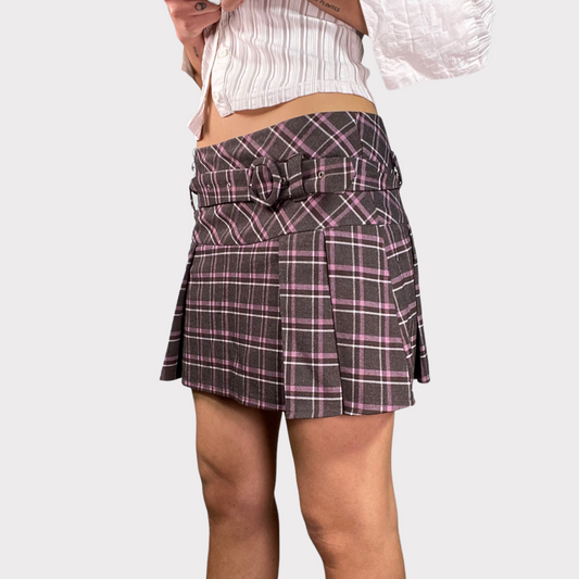 Vintage 2000's Skater Brown/Pink Plaid Mini Skirt with Belt (S)