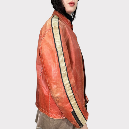 Vintage 90's Bella Hadid Orange/Red Leather Racer Jacket (S/M)