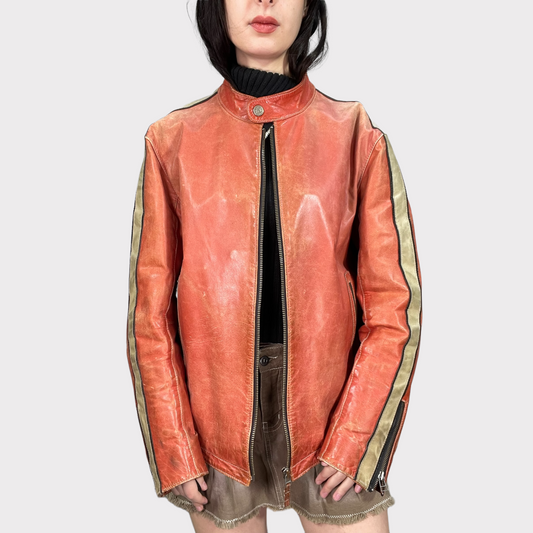 Vintage 90's Bella Hadid Orange/Red Leather Racer Jacket (S/M)