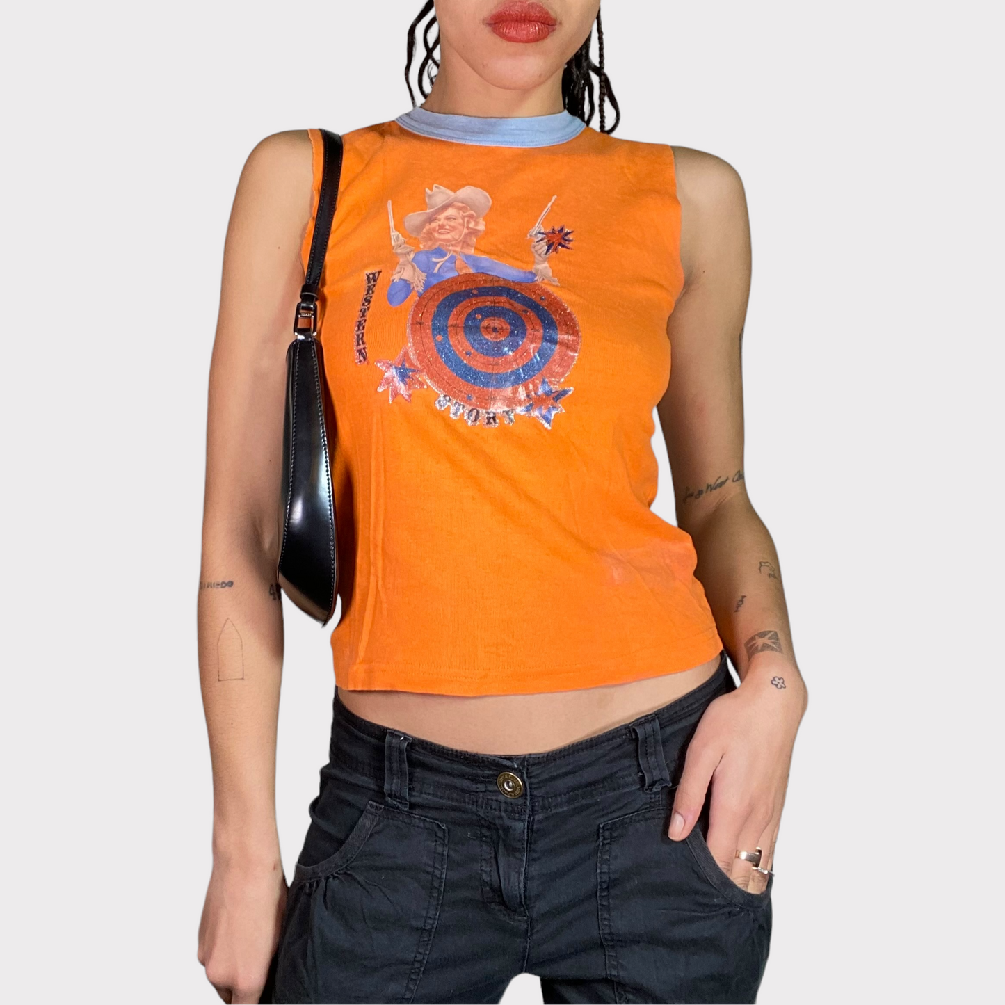 Vintage 2000's Western Themed Orange Top with Woman and Target Print (S)