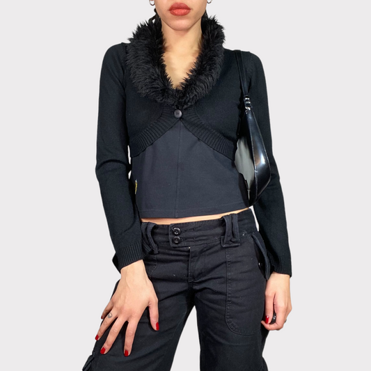 Vintage 2000's Clubwear Black Bolero with Faux Fur Collar (S)