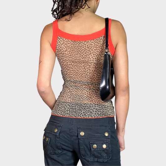 Vintage 2000's Funky Leo Print Mesh Top with Orange Hem (S)