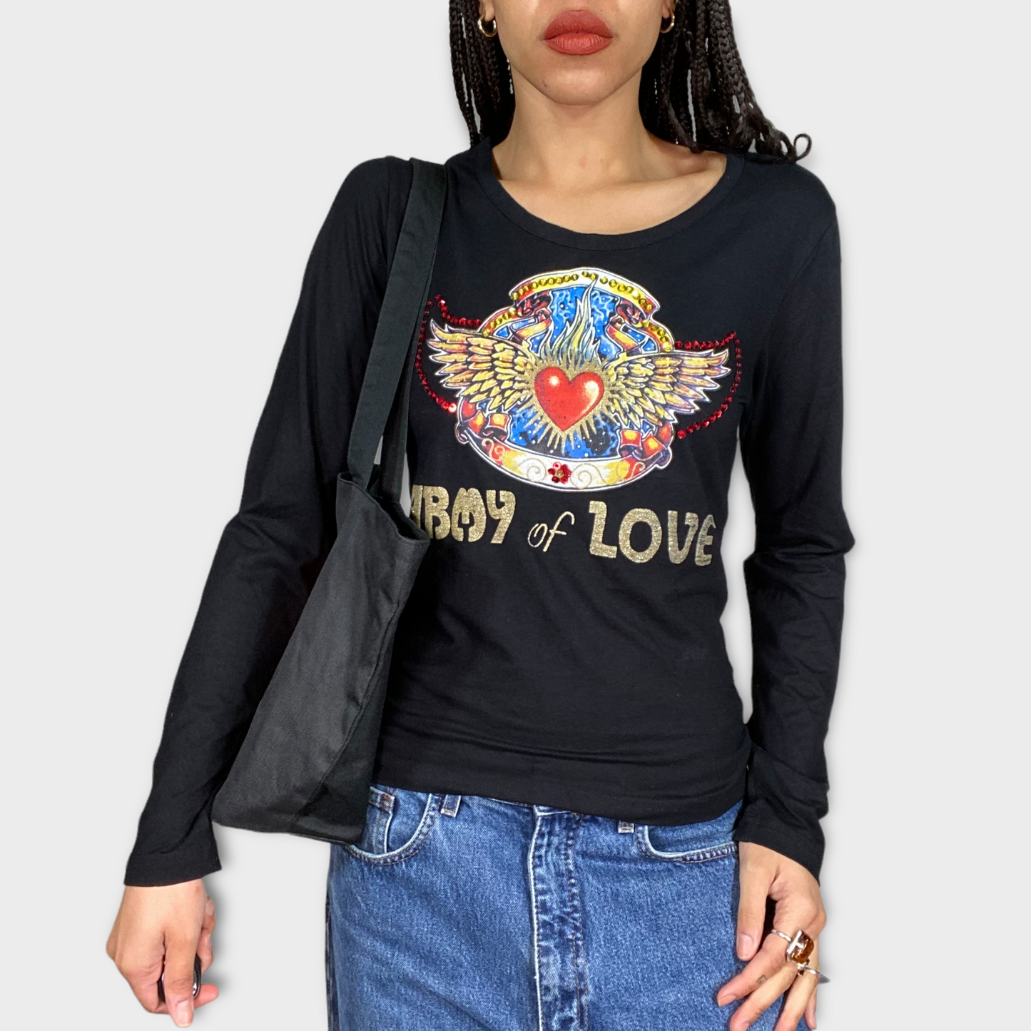Vintage 2000's Amor & Psych Black Longsleeve with Winged Heart Print (L)