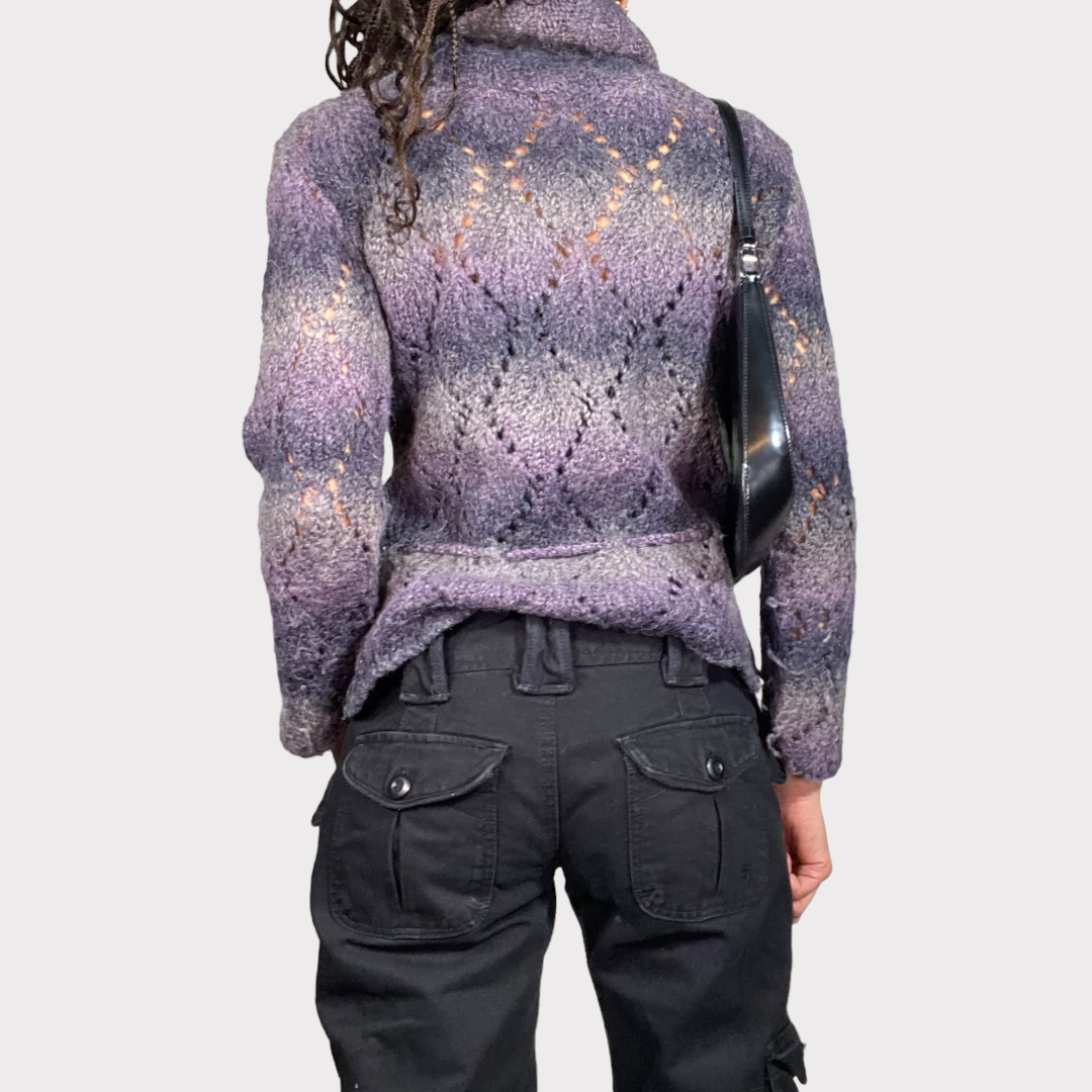 Vintage 90's Gilmore Girls Purple Striped Knit Sweater with Waist Tie Detail (M)