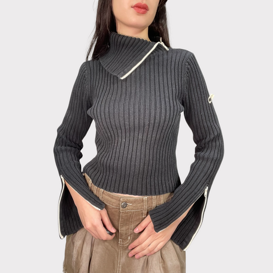 Vintage 2000's DKNY Black Ribbed Sweater with Neck Zipper (S/M)