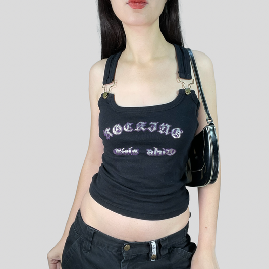 Vintage 2000's Grunge Black Top with Buckle Detail and Writing Print (XS)