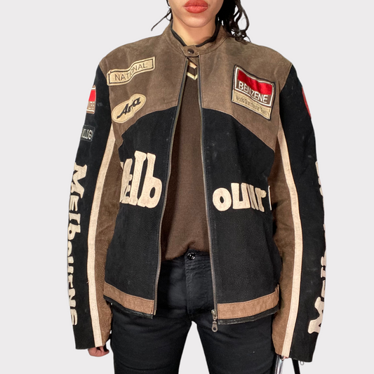 Vintage 90's Bella Hadid Brown and Black Suede Racer Jacket (L)