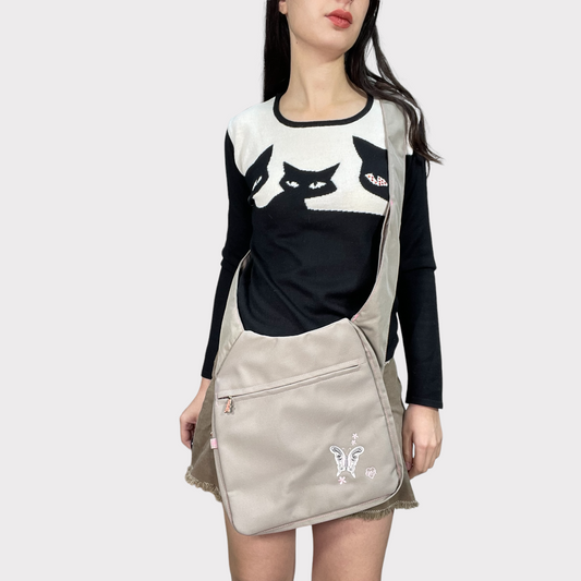 Vintage 2000's Techwear Beige Messenger Bag with Butterfly Embroidery