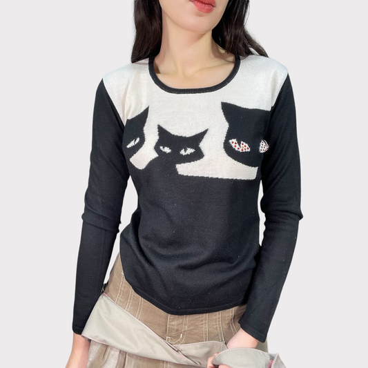 Vintage 2000's Punky Black Thin Sweater with Kitten Print (M)