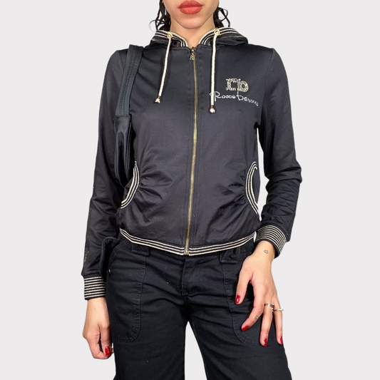 Vintage 2000's Sporty Black Zip Up Hoodie With Rhinestone Print (S)