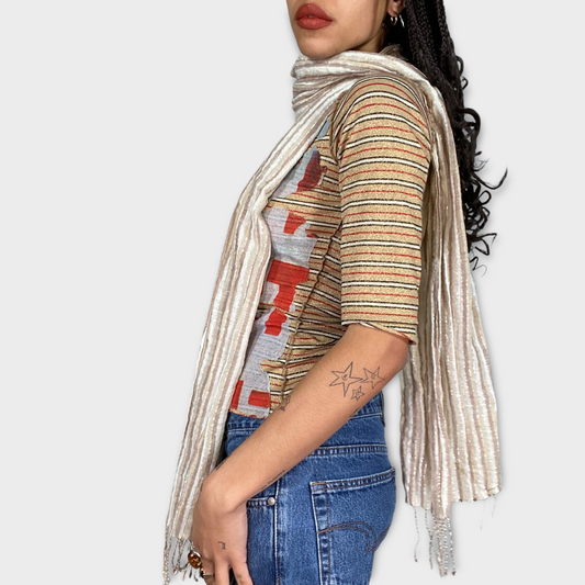 Vintage 2000's Beige Striped Glittery Scarf