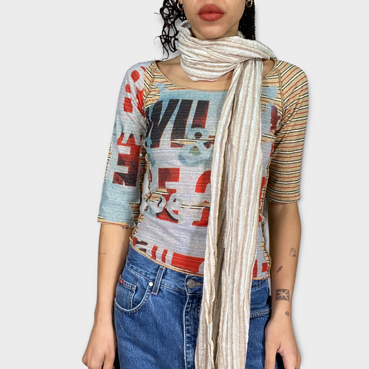 Vintage 2000's Beige Striped Glittery Scarf