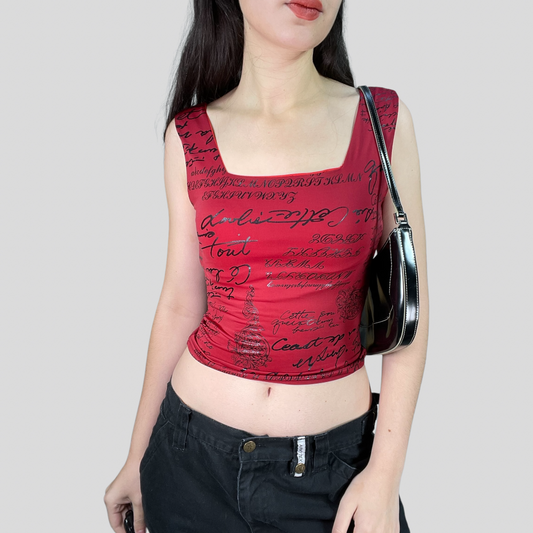 Vintage 2000's Clubwear Red Square neck top with Black Writing Print (S)