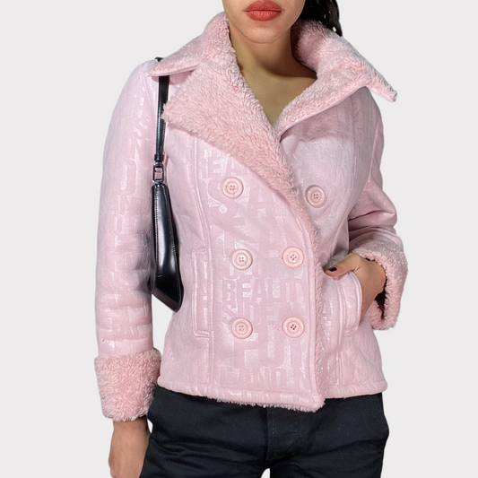 Vintage 2000's Bratz Pink Short Afghan Coat with Writing Print (S)