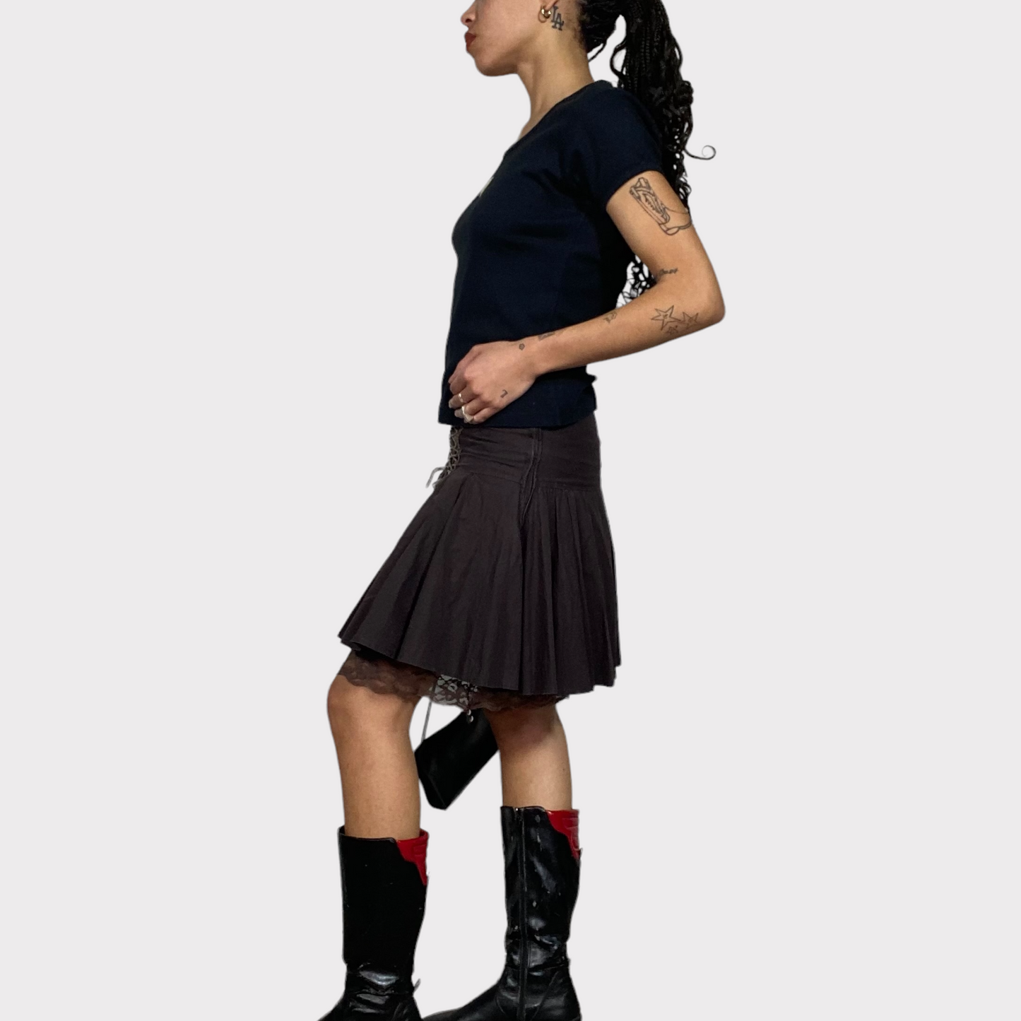 Vintage 2000's Whimsigoth Brown Pleated Skirt with Lace Up Detail (S)