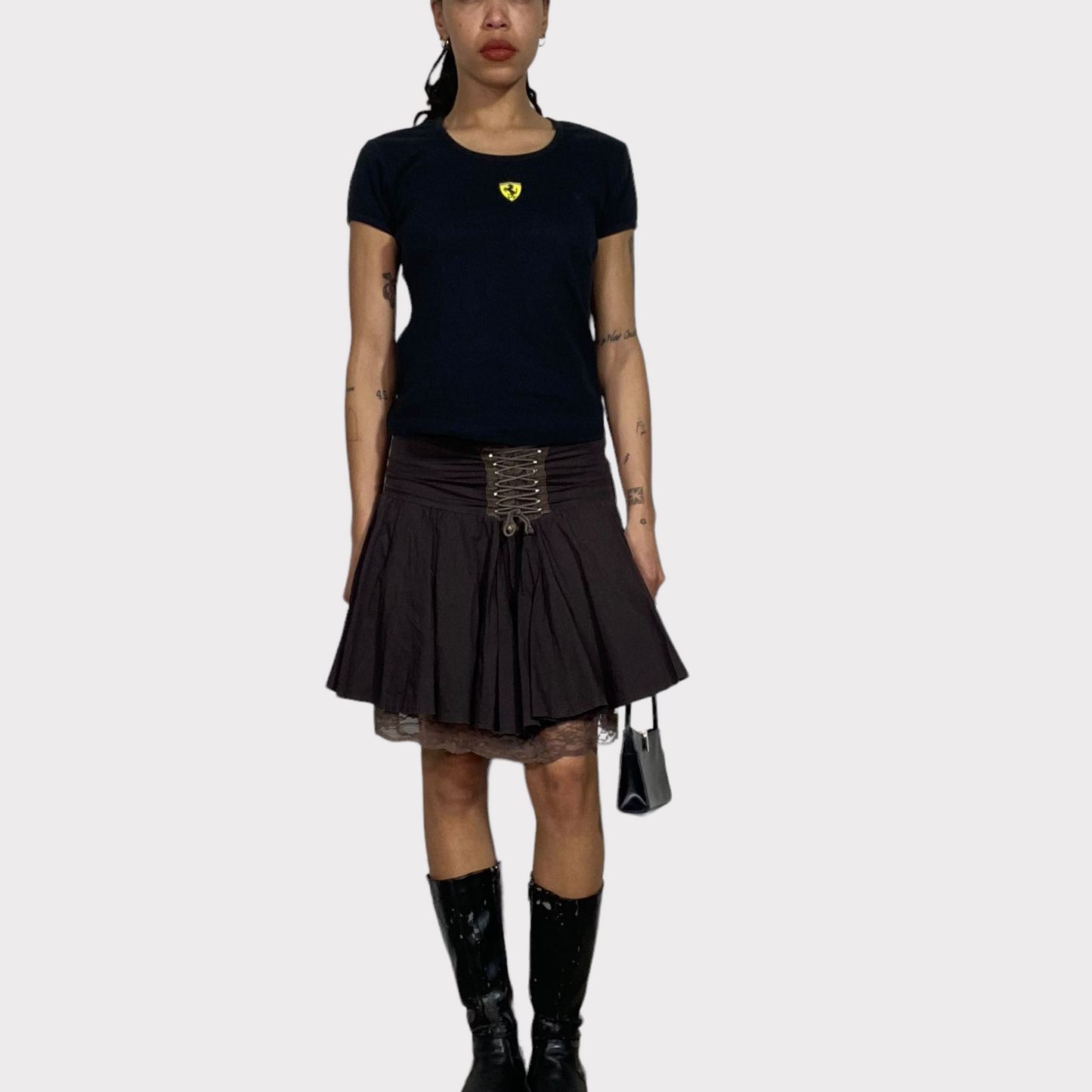 Vintage 2000's Whimsigoth Brown Pleated Skirt with Lace Up Detail (S)