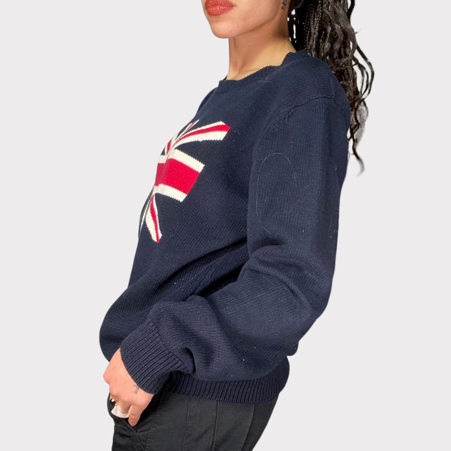 Vintage 90's Dad Navy Blue UK Flag Knit Sweater (L)