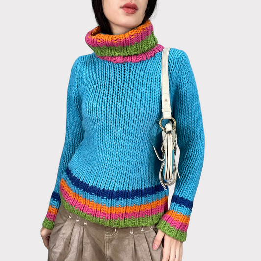 Vintage 90's Gilmore Girls Aqua Blue Knit Sweater with Multicolor Stripes (S)