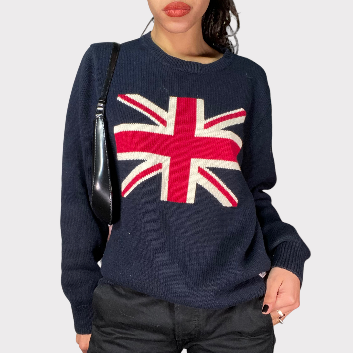 Vintage 90's Dad Navy Blue UK Flag Knit Sweater (L)