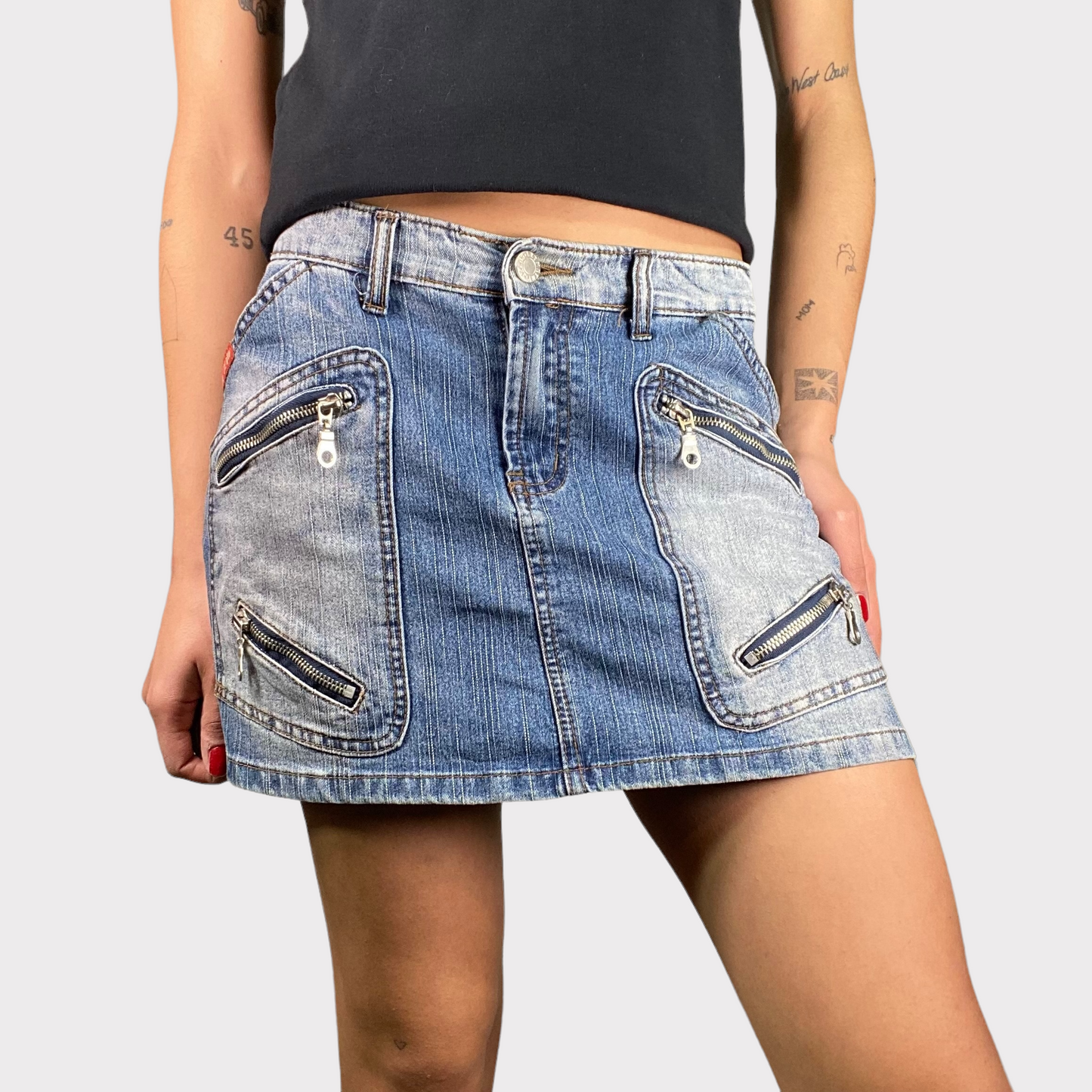 Vintage 2000's Grunge Denim Mini Skirt with Zipper Details (S)