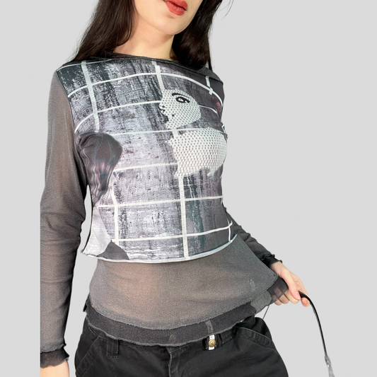 Vintage 90's Grunge Grey Mesh Patchwork Graphic Longsleeve (S/M)