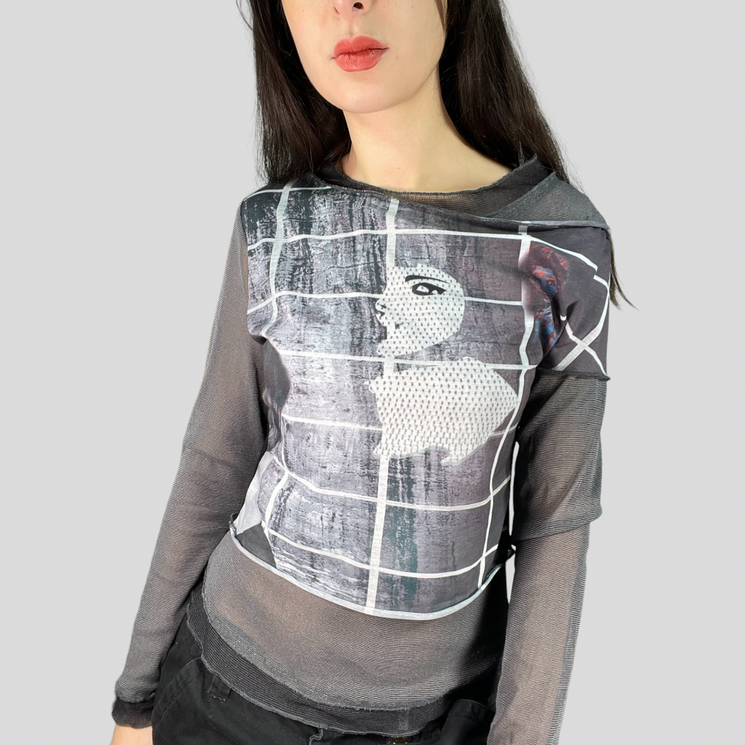 Vintage 90's Grunge Grey Mesh Patchwork Graphic Longsleeve (S/M)