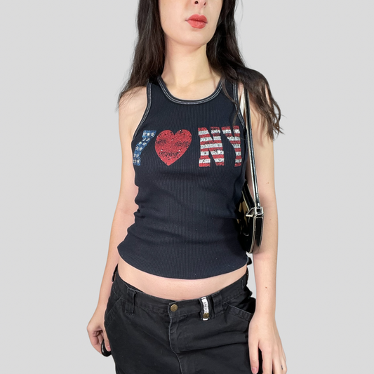 Vintage 2000's Model off Duty Black Ribbed 'I Love NY' Top (M)