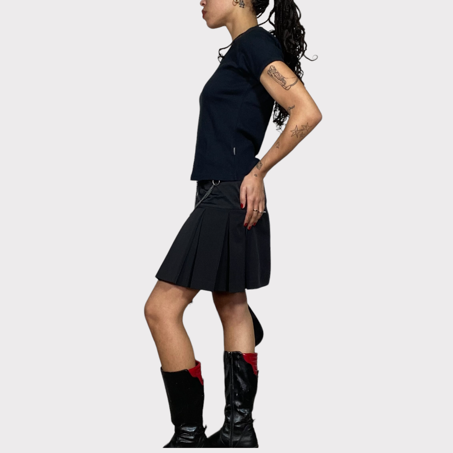 Vintage 2000's Punky Black Pleated Mini Skirt with Chain Detail (S)