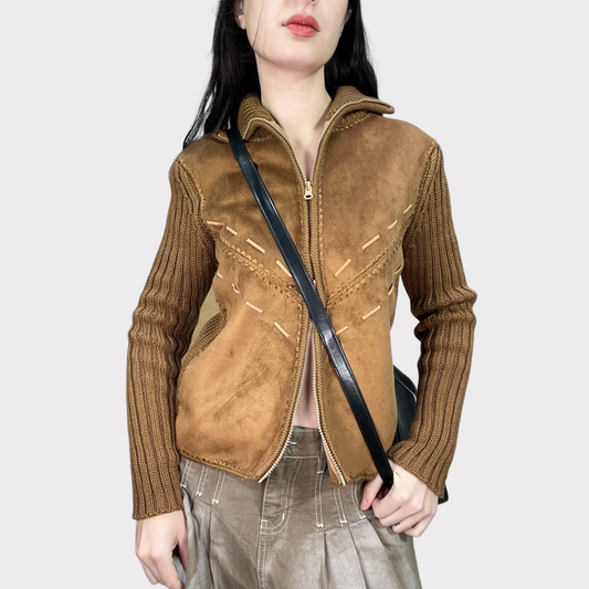Vintage 90's Western Brown Faux Suede Jacket with Knit Sleeves (S/M)