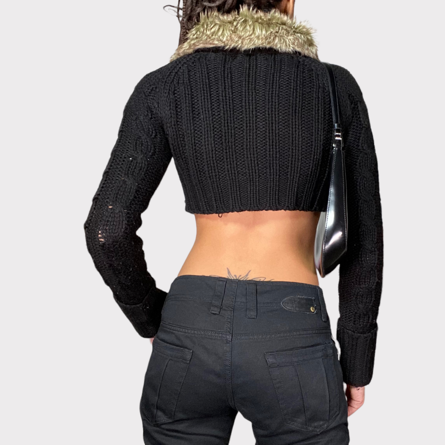 Vintage 90's Gilmore Girls Black Cropped Knit Zip Up with Faux Fur Trim (XS/S)