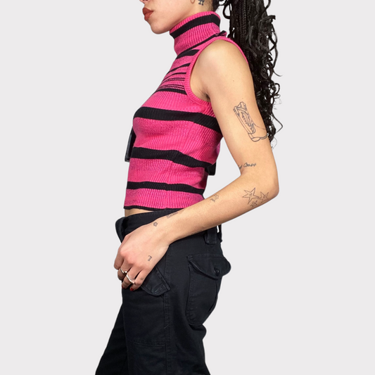 Vintage 2000's Rachel Green Pink Striped Turtleneck Tank Top (S)