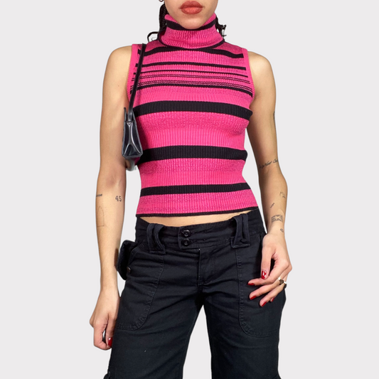 Vintage 2000's Rachel Green Pink Striped Turtleneck Tank Top (S)