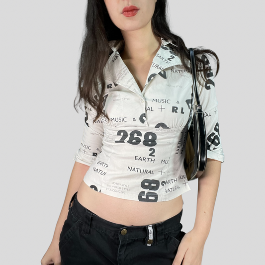 Vintage 90's Model off Duty White Blouse with Writing Print (S)