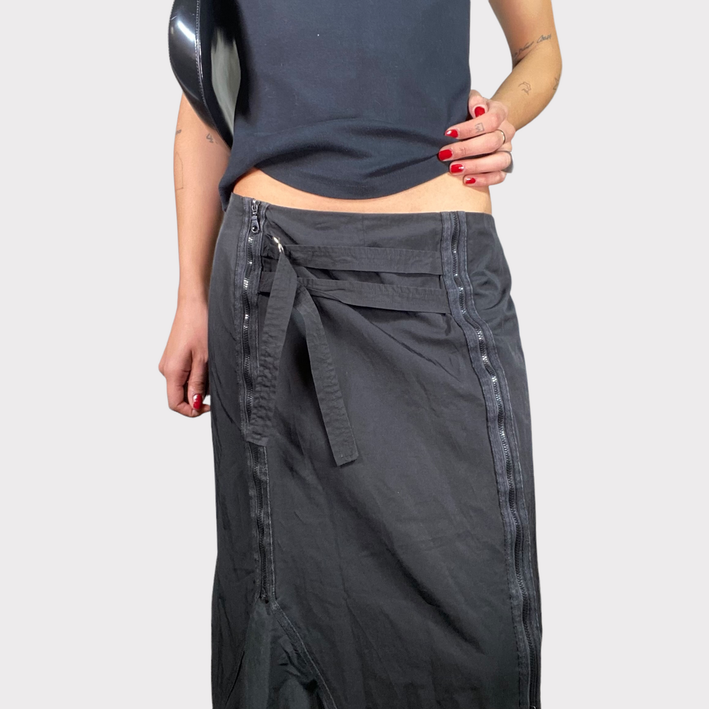 Vintage 90's Cyber Black Maxi Skirt with Side Zipper Details (S)