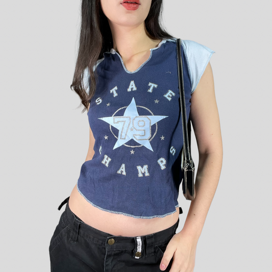 Vintage 90's Sporty Blue Shirt with 'State Champ 79' Print (S/M)