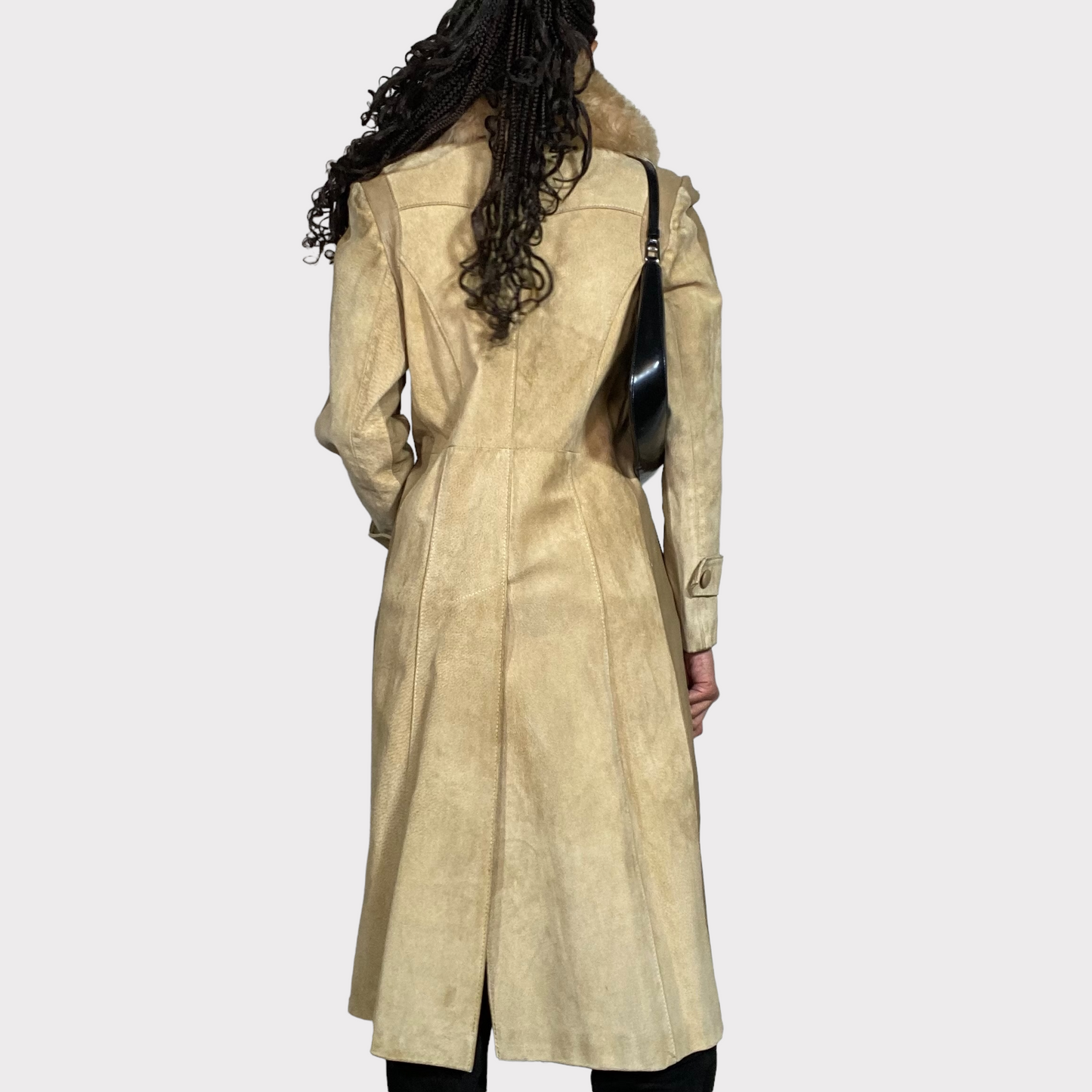 Vintage 90's Winter Beige Suede Maxi Coat with Fur Collar (S)