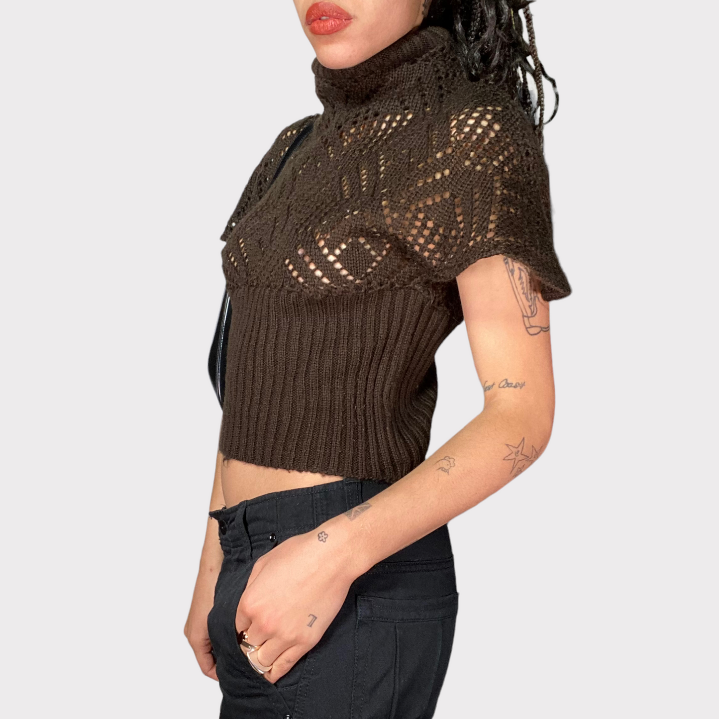 Vintage 90's Downtown Girl Brown Knit Short Sleeve Turtle Neck