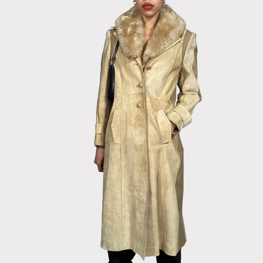 Vintage 90's Winter Beige Suede Maxi Coat with Fur Collar (S)