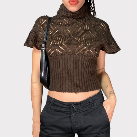 Vintage 90's Downtown Girl Brown Knit Short Sleeve Turtle Neck