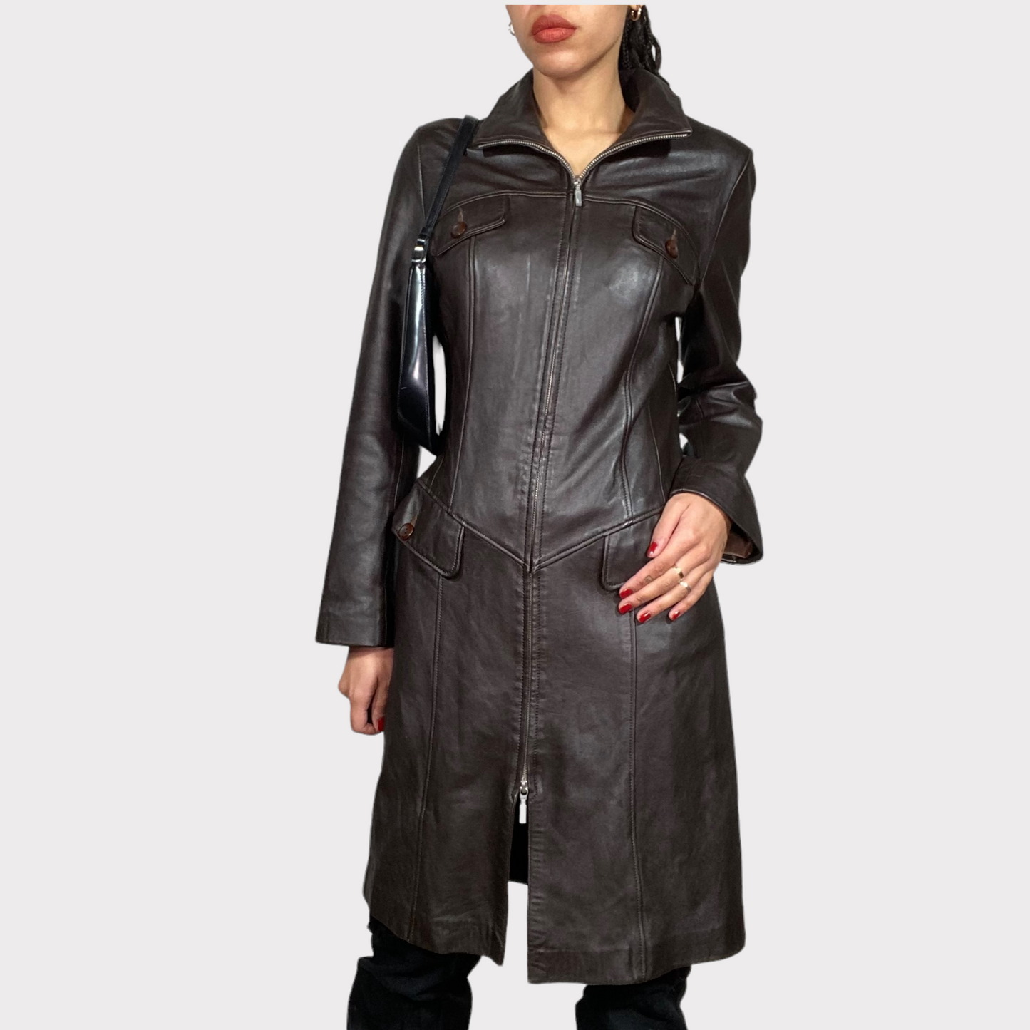 Vintage 90's Classic Brown Maxi Leather Zip Up Jacket (S)