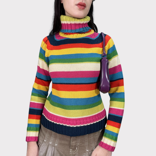 Vintage 90's Gilmore Girls Multicolor Striped Turtle Neck Knit Sweater (S)