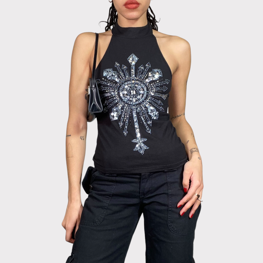 Vintage 90's Gothic Black Top with Rhinestone Cross Print (S)