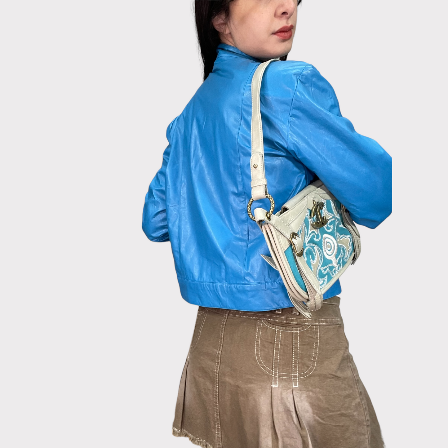 Vintage 90's Bella Hadid Aqua Blue Faux Leather Racer Jacket (S)